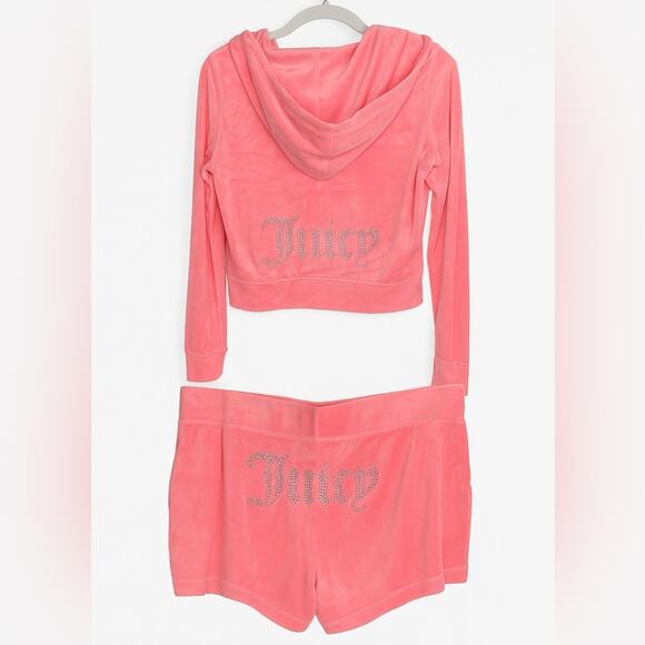 Juicy Couture Bling Velour Tracksuit Hoodie Shorts Set Flamingo Pink M,L, XL NWT - Picture 1 of 11